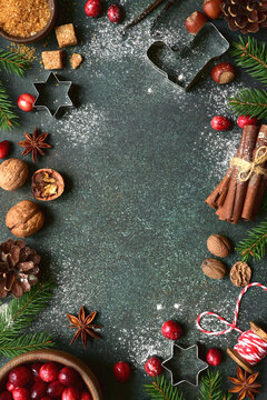 Christmas baking background with ingredients for making cake or biscuit . Top view with copy space.