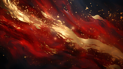 Red liquid with tints of golden glitters. Red background with a scattering of gold sparkles. Magic Galaxy of golden dust particles in red fluid 
