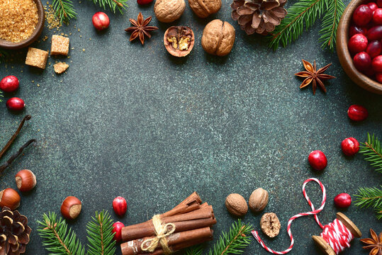 Christmas baking background with ingredients for making cake or biscuit . Top view with copy space.
