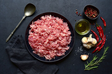 Homemade minced meat with spices. Top view with copy space.