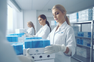 Female chemical engineer controling medical packages in pharmacy production plant