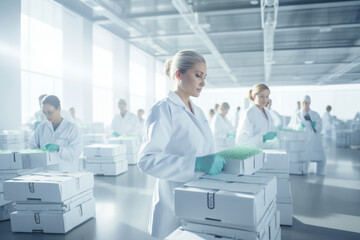 Female chemical engineer controling medical packages in pharmacy production plant