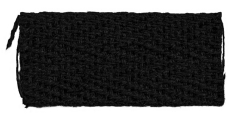 A piece of black knitted fabric with protruding threads on a blank background.