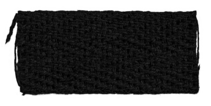 A piece of black knitted fabric with protruding threads on a blank background.