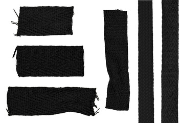 Set of Pieces of black knitted fabric with protruding threads on a blank background.