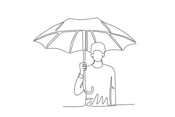 A man wearing a large umbrella. Umbrella one-line drawing