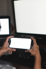 Mockup image of woman's hands holding black mobile phone with blank screen