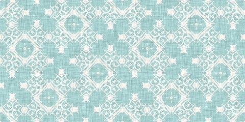 Aqua teal blue white vibrant watercolor batik azulejos tile border banner background. Seamless coastal blur linen effect geometric mosaic effect.Boho Patchwork nautical masculine summer ribbon trim. 