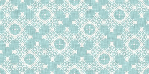 Aqua teal blue white vibrant watercolor batik azulejos tile border banner background. Seamless coastal blur linen effect geometric mosaic effect.Boho Patchwork nautical masculine summer ribbon trim. 