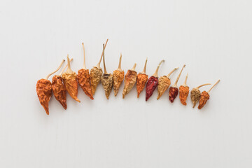 Small colorful dried chili peppers on a white table. Flat Lay.