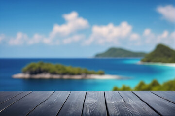Empty Black Wooden Table with Blurred Ocean and Island Background