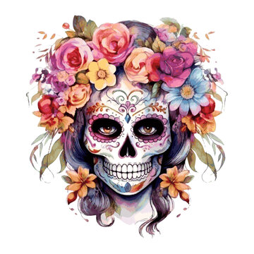 Dia DE Los Muertos face painting, Mexican Holiday, halloween dead girl scull with flowers watercolor paint on white background
