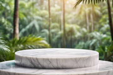 Empty White Marble Minimalist Modern Rounded Podium with Blurred Tropical Forest Jungle Background