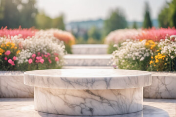 Empty White Marble Minimalist Modern Rounded Podium with Blurred Floral Flower Field Background