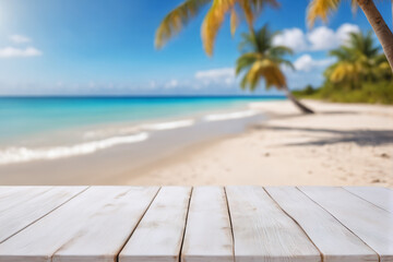 Empty White Wooden Table with Blurred Beach Background
