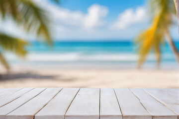 Fototapeta premium Empty White Wooden Table with Blurred Beach Background