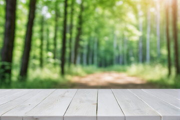 Empty White Wooden Table with Blurred Pine Trees Forest and Sun Light Shaft Bokeh Background