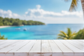 Fototapeta premium Empty White Wooden Table with Blurred Ocean and Island Background