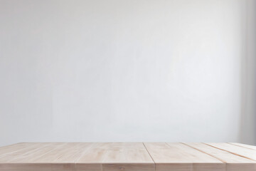 Empty White Wooden Table with White Clean Wall Background