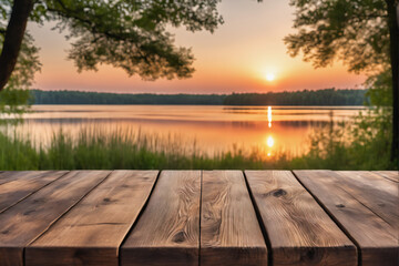 Fototapeta na wymiar Empty Wooden Table with Lake and Forest Background at Dawn or Dusk