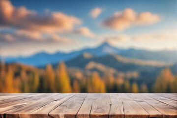 Empty Wooden Table with Blurred Mountains Peak and Hill View Scenery Background