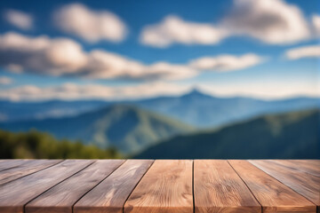 Empty Wooden Table with Blurred Mountains Peak and Hill View Scenery Background