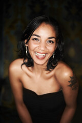Fototapeta premium Woman, smile and portrait in dark club, fashion and fun clothing or elegant aesthetic. Mexican female person, laugh and funny joke or face, freedom and positive at event, party and social gathering
