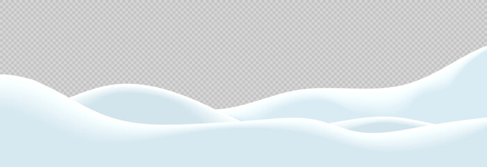 Christmas winter vector illustration of empty snowbanks field. Snow landscape, frozen hills, and snowdrifts decoration isolated on a transparent background - obrazy, fototapety, plakaty