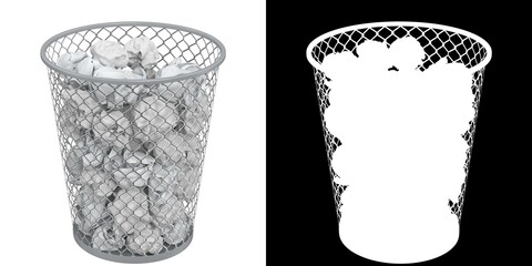 3D rendering illustration of a trash can with crampled paper