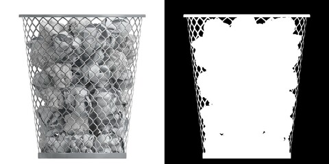 3D rendering illustration of a trash can with crampled paper
