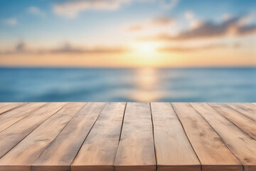Empty Wooden Table with Blurred Sea Scape Ocean Background at Dawn or Dusk