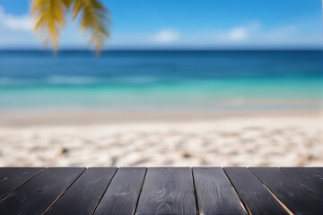 Fototapeta premium Empty Black Wooden Table with Blurred Beach Background