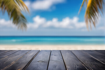 Empty Black Wooden Table with Blurred Beach Background