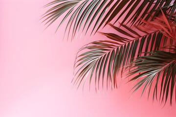 Fototapeta na wymiar Blurred Palm Leaves Cast a Delicate Pattern on a Pink Wall, Creating a Minimal Abstract Background Ideal for Product Presentation, Emanating the Feel of Spring and Summer