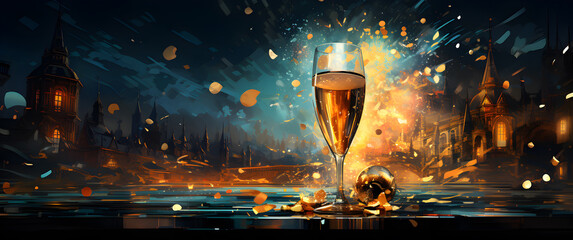 Champagne glass against a backdrop of a festive explosion and city night lights, embodying celebration and elegance.