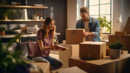 Young couple unpacks boxes with things in the apartment - obrazy, fototapety, plakaty