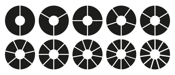 Circle division on 2, 3, 4, 5, 6, 7, 8, 9, 10, 11 equal parts. Wheel round divided diagrams with two, three, four, five, six, seven, eight, nine, ten, eleven segments. Infographic set. Coaching blank. - obrazy, fototapety, plakaty