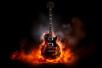 An Electric Guitar Ignites on a Fiery Background, Creating an Explosive and Captivating Image - obrazy, fototapety, plakaty