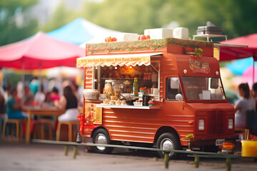 Obraz premium A Food Truck Brings Culinary Delights to the Heart of the City, Creating a Festive Atmosphere. Selective Focus Highlights the Delicious Offerings