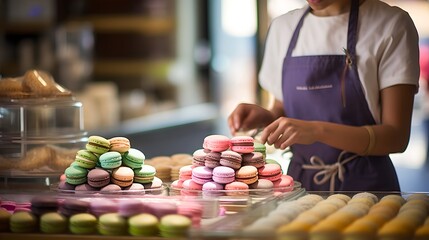 Close-up of Adult Baker Offering Freshly Baked Macaroon Variations in Gourmet Store