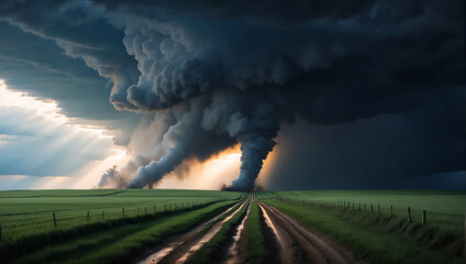 Two large tornadoes over a field.