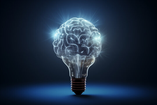 digital light bulb with glowing human brain