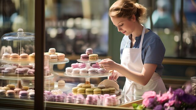 Smiling young female owner in apron holding fresh baked pastries in store
