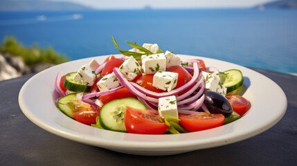 Fresh Greek salad - feta cheese, tomatoes, cucumber, red pepper, black olives and onion on wooden table