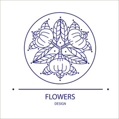 Vector logo of floral element. Abstract round blossoming flower with petals. Linear emblem for design of natural products, flower shop, cosmetics and ecology concepts, health, spa and yoga Center.
