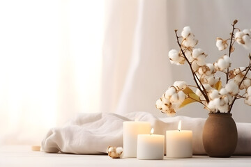 Fototapeta na wymiar A Stylish Arrangement with Cotton Flowers and Aroma Candles, Set Against a Softly Lit Wall. The Perfect Banner for Design Inspiration