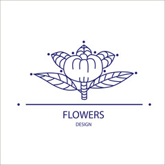 Vector logo of floral element. Abstract round blossoming flower with petals. Linear emblem for design of natural products, flower shop, cosmetics and ecology concepts, health, spa and yoga Center.