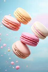Different types of macaroons in motion falling on a colorful background
