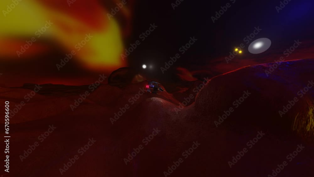 Poster a fantastic model of a spaceship flies over the surface of the planet in space. 3d render. looping a
