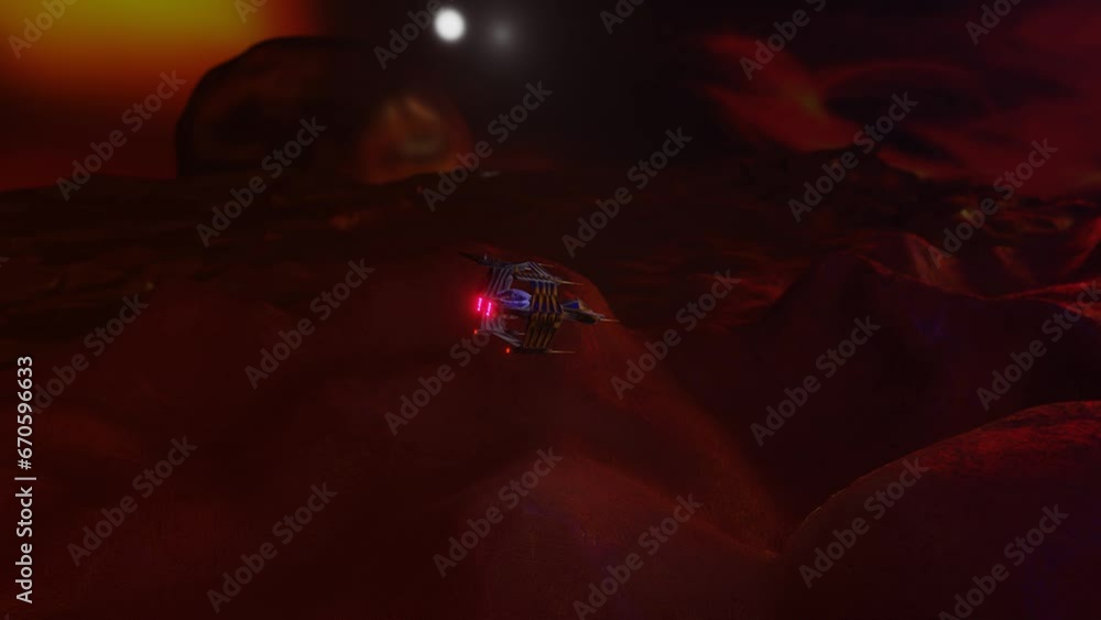 Poster a fantastic model of a spaceship flies over the surface of the planet in space. 3d render. looping a
